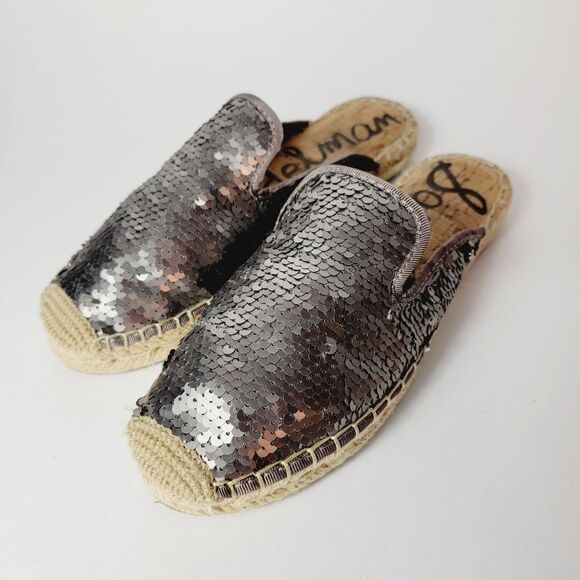 Sam Edelman Kerry Silver Sequin Mixed Media Slip On Espadrilles Mules Size 7 - Picture 3 of 10